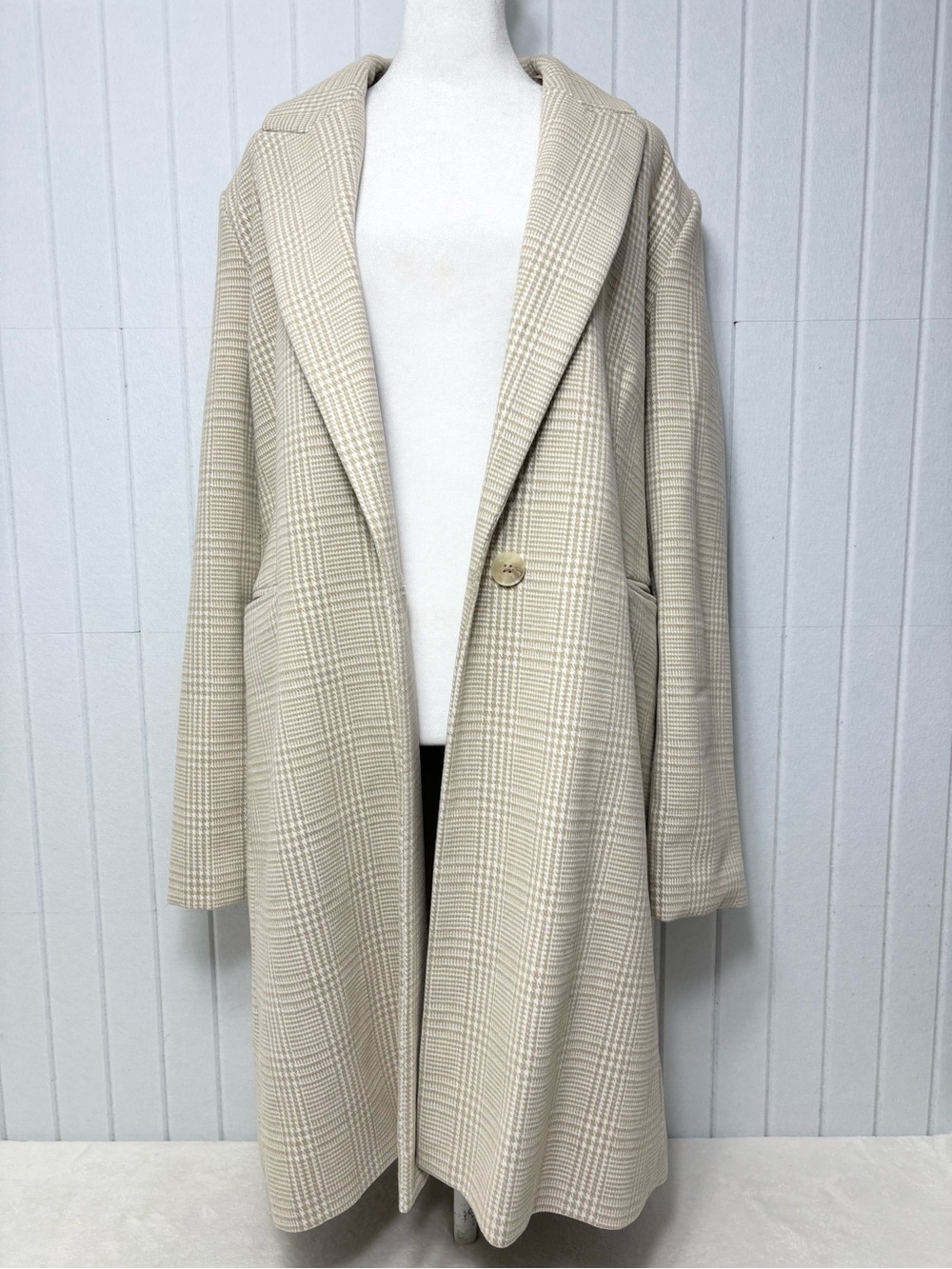 Primark Cream Plaid Long Blazer Jacket Size 12 - Picture 1 of 13
